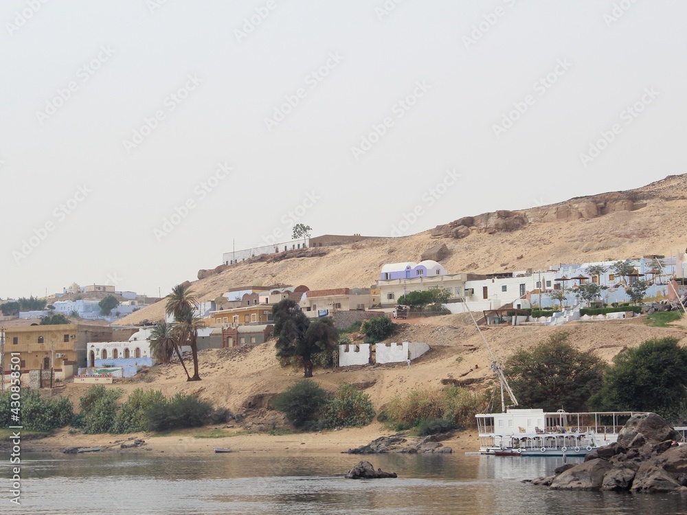 Beautiful colorful houses on an island in Aswan in the middle of greenery on the Nile shore with boats in the water in Egypt