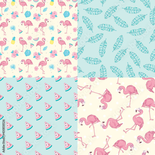 vector Wallpaper set of seamless patterns with images of flamingos