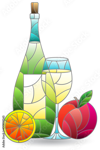 Stained glass illustration with a still life, a bottle of wine and fruit isolated on a white background