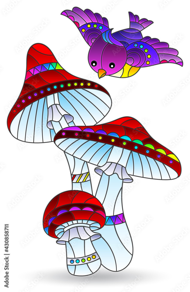 Illustration in the style of a stained glass window with a composition of mushrooms and a bird, plants isolated on a white background