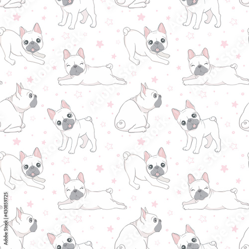 Seamless pattern with cute french bulldog on white background.