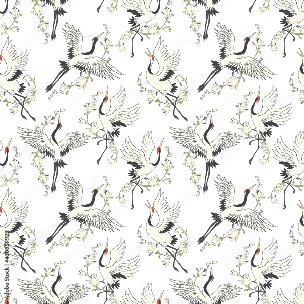 Fototapeta premium Seamless pattern with flowers and white Japanese cranes.