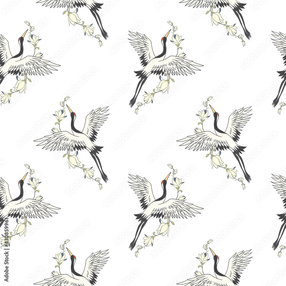 Fototapeta premium Seamless pattern with flowers and white Japanese cranes.