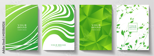 Green cover design set with geometry abstract pattern, wavy line, green leaf. Natural eco vector background for modern poster, catalog template, creative brochure