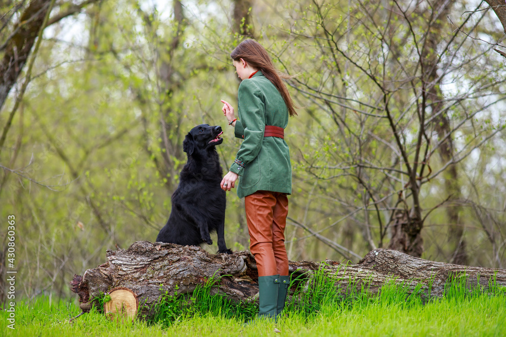 Young woman in country style clothes exercises with black retriever dog in spring forest Young woman in country style clothes exercises with black retriever dog in spring forest