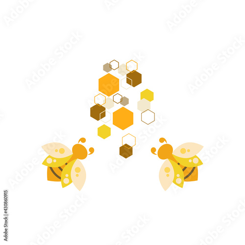 Vector illustration of a working bee on a honeycomb background. The concept of successful extraction of honey. Flat design.