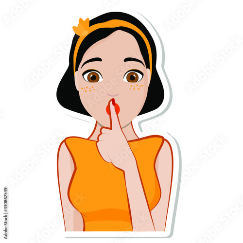 Shh! Cartoon cute brunette woman with wide eyes presses a his index finger to his lips, pretty girl scared, asks for silence.