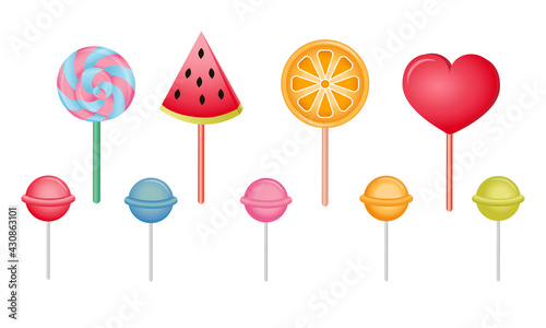 Set of sweets – hard candy, lollipop. Delicious food dessert.
Unhealthy eating.