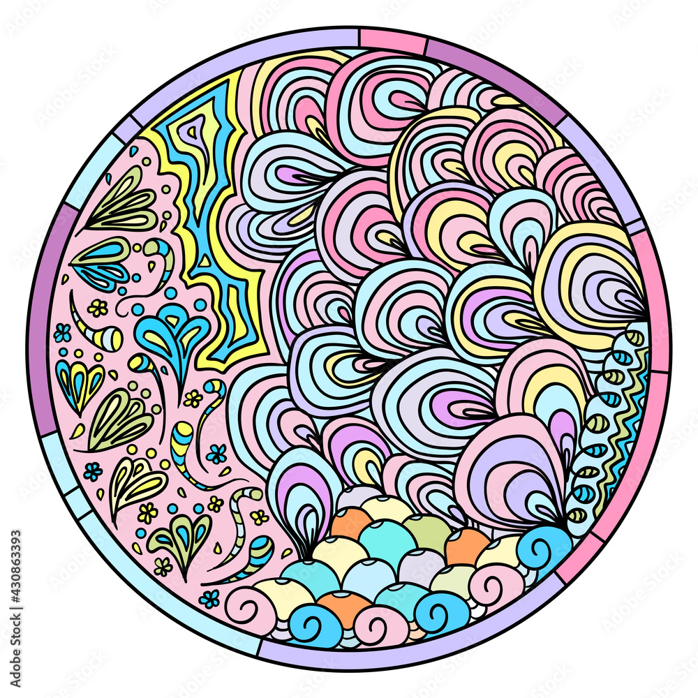 Zendala. Zentangle. Hand drawn circle mandala with abstract patterns on