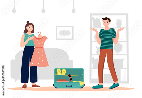 Couple packs luggage for summer trip. Young woman chooses a dress for a vacation. Vector illustration with a preparing for a summer trip concept. Characters in flat design