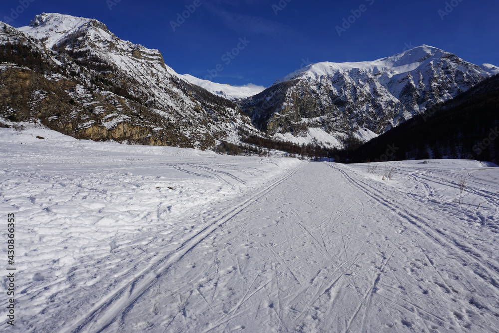 cross country ski resort of Crevoux in the mountains of  Serre Ponçon lake, France