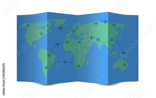 Open paper map with flight route. Paper map with the route of tourist travel by plane. Round-the-world tourism. Vector