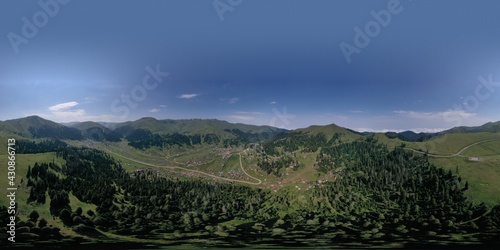 360 VR Aerial View Of Mountains Covered With Coniferous Forests