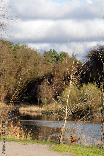 beautiful nature, spring, blue lake, beautiful landscape, blue sky, gray clouds, dark clouds, green reeds, trees