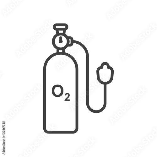 Oxygen cylinder icon with breathing mask. A simple linear view of an oxygen cylinder with a pressure gauge, snorkel and breathing mask. Isolated vector on pure white background.