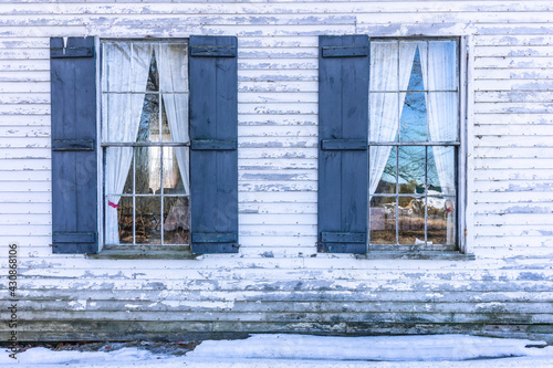 Old single-pane windows in a grange in North Amity, Maine. 