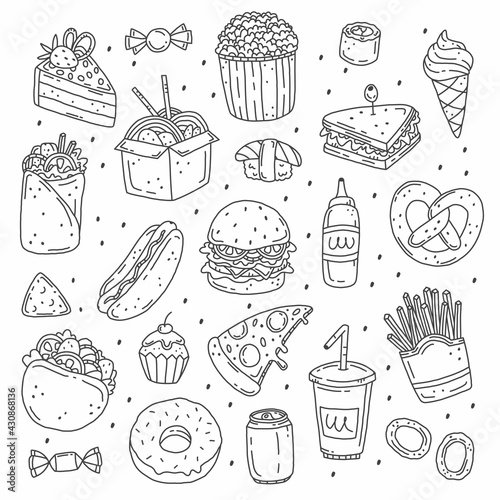 Doodle style fast food set. Vector black and white hand drawn illustration. Food objects isolated on white background. Food icons. Line art junk food.