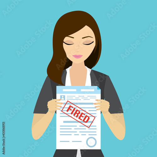 Caucasian female employee holding paper with stamp - fired. Staff cuts, economic crisis. Problem of unemployment.