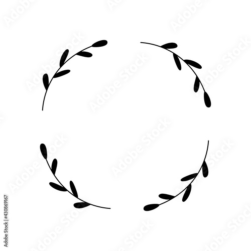 A simple wreath with four branches, leaves. Split monogram. Round frame. Space for text, initials, family logo, tag, farmhouse decoration. Floral border, vector illustration. Design template