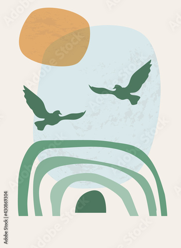 Rainbow and sun, birds flying in the sky. Symbols of peace, harmony and freedom. Template with abstract composition. Minimalism, boho style. Vector banner for postcards, wall art, interior card