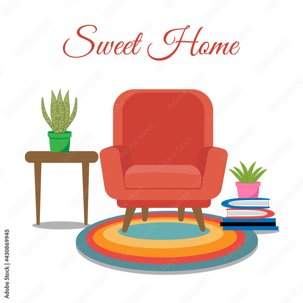 Fototapeta premium My sweet home. Cozy modern interior. Self isolation, quarantine due to coronavirus. Vector flat style illustration. Living room interior. Comfortable chair, books and house plants.