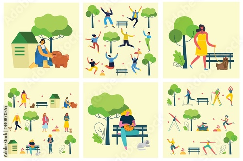 Vector illustration backgrounds of group people walking outdoor in the park on weekend