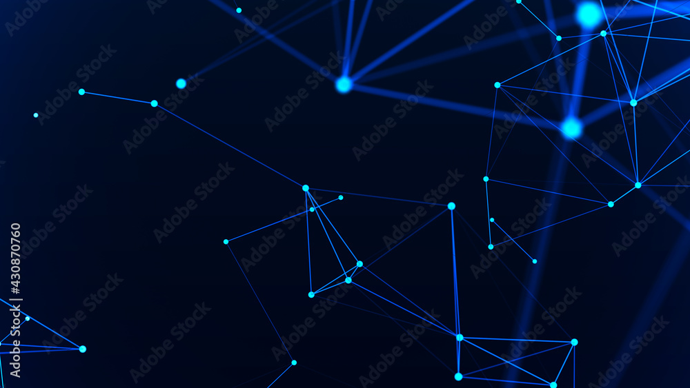 Abstract background with interweaving of colored lines and dots. Network connection structure. Data exchange. Digital technology. 3D rendering. Abstract background with interweaving of colored lines and dots. Network connection structure. Data exchange. Digital technology. 3D rendering.