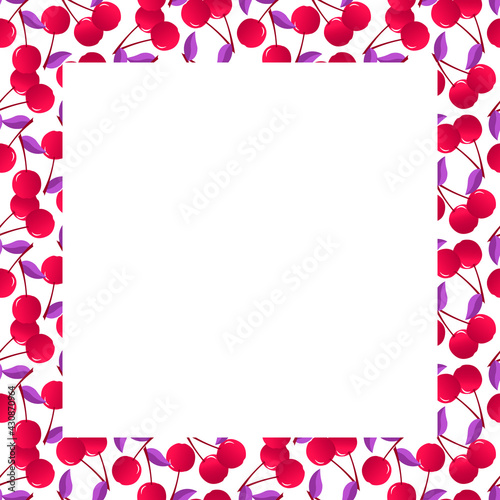 Card with fresh cherry frame. Colorful border with fresh berries. For use in menus, napkins, records, restaurants and cafes, print prints and other designs. Square pattern. Vector illustration with