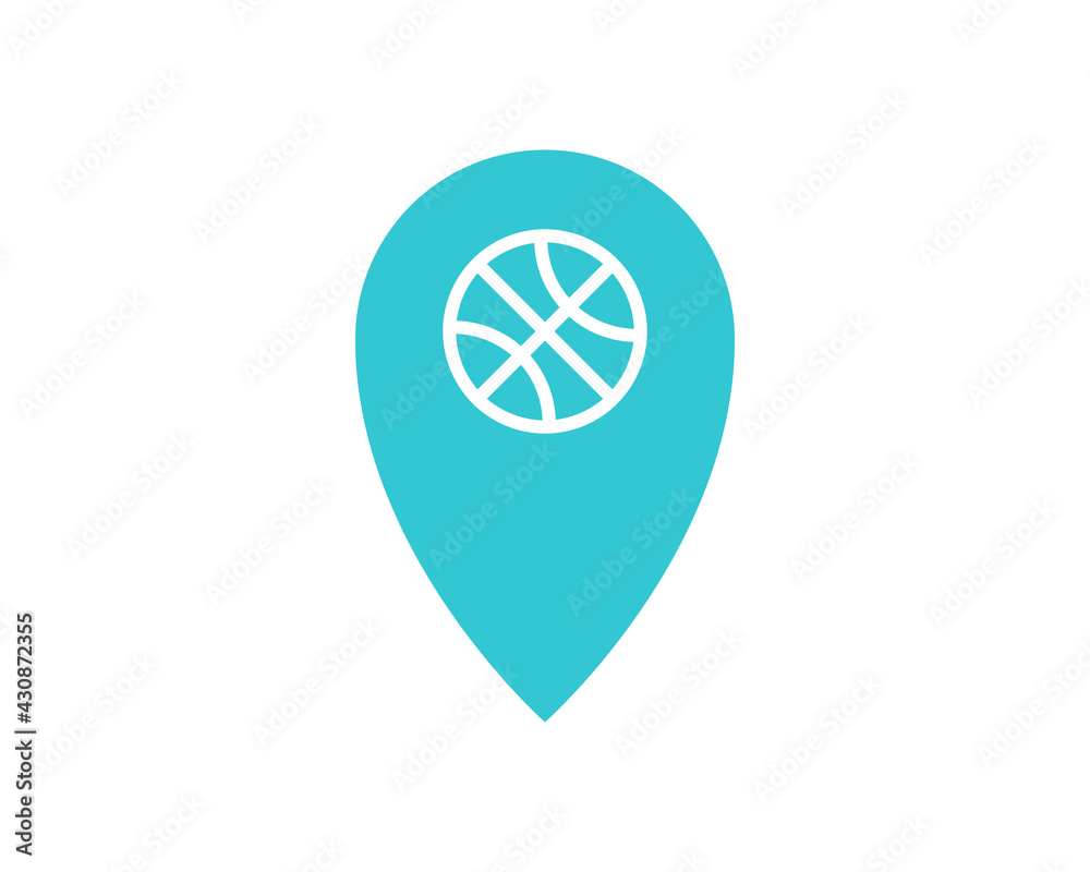 Blue Location with basketball ball inside icon isolated on white background.Icon in color . Vector Illustration