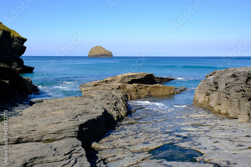 The entrance to Trebarwith Strand at high tide.