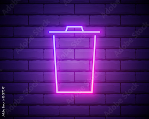 Glowing neon line Trash can icon isolated on brick wall background. Garbage bin sign. Recycle basket icon. Office trash icon. Vector Illustration