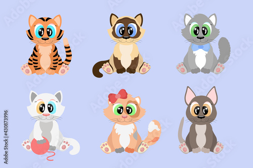 Fototapeta Naklejka Na Ścianę i Meble -  Cartoon cats set. Cute kittens of different breeds with big eyes are sitting. Vector illustration
