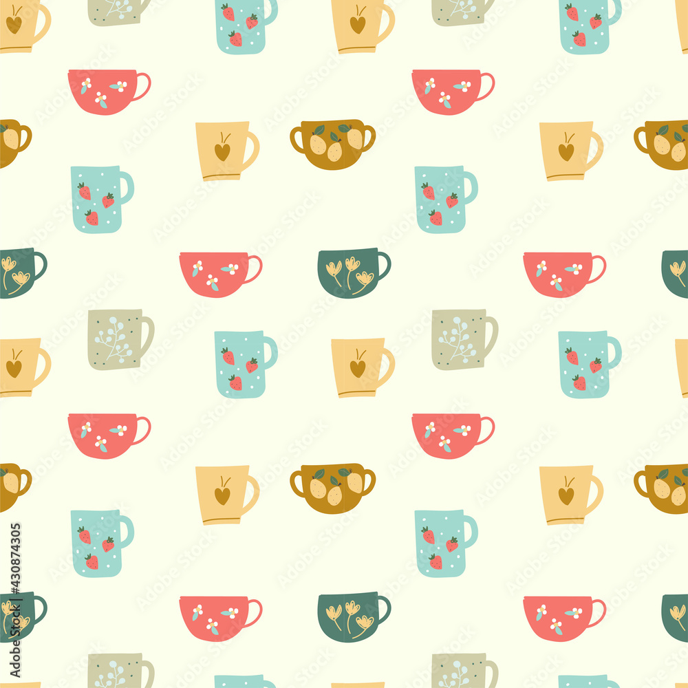 Seamless pattern with colorful cups of coffee or tee