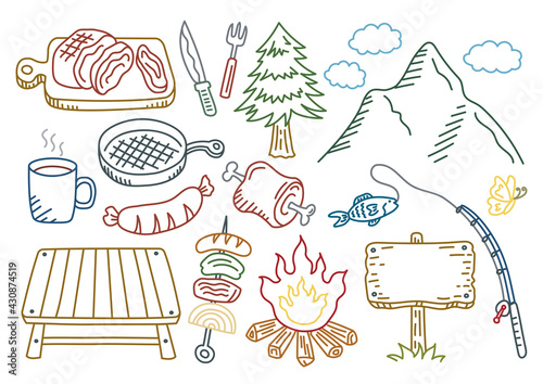 バーベキュー＆キャンプのイラスト　線画カラー