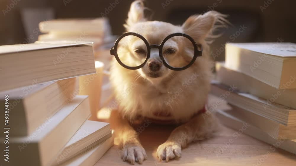 Nerd Chihuahua senior dog wear glasses working hard with laptop and stack of books work at home animal