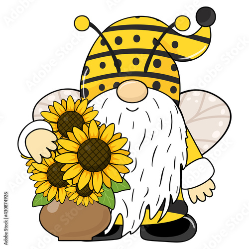 Vector illustration of a gnome with a flower for spring and summer. Cartoon style.