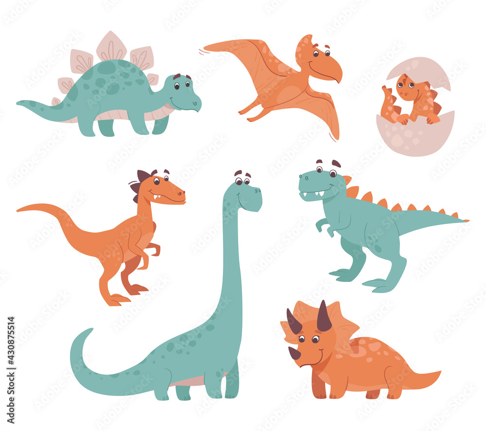Obraz premium Funny dinosaurs. Stegosaurus, triceratops, brachiosaurus, brontosaurus, velociraptor, pteranodon, tyrannosaurus rex, egg. Collection of prehistoric animals. The dinos are smiling. Vector set