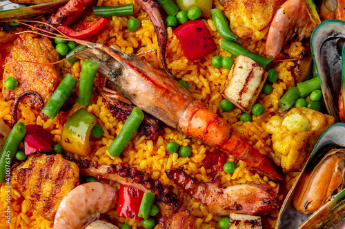 Paella. Spanish dish of rice and seafood, vegetables and chicken. Shrimp, octopus, crab and mussels. Banquet festive dishes. Gourmet restaurant menu. White background. Pattern