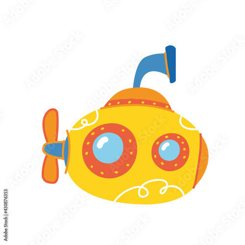 Nice yellow submarine. Ship children s print is bright. For the decor of postcards, clothes, stickers, clipart. Children s cartoon transport. Summer travel on water cruise art cute fun
