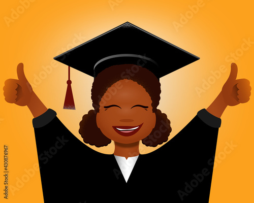 The graduate a happy joyful African girl in a graduate cap and gown raises her hands in the air.