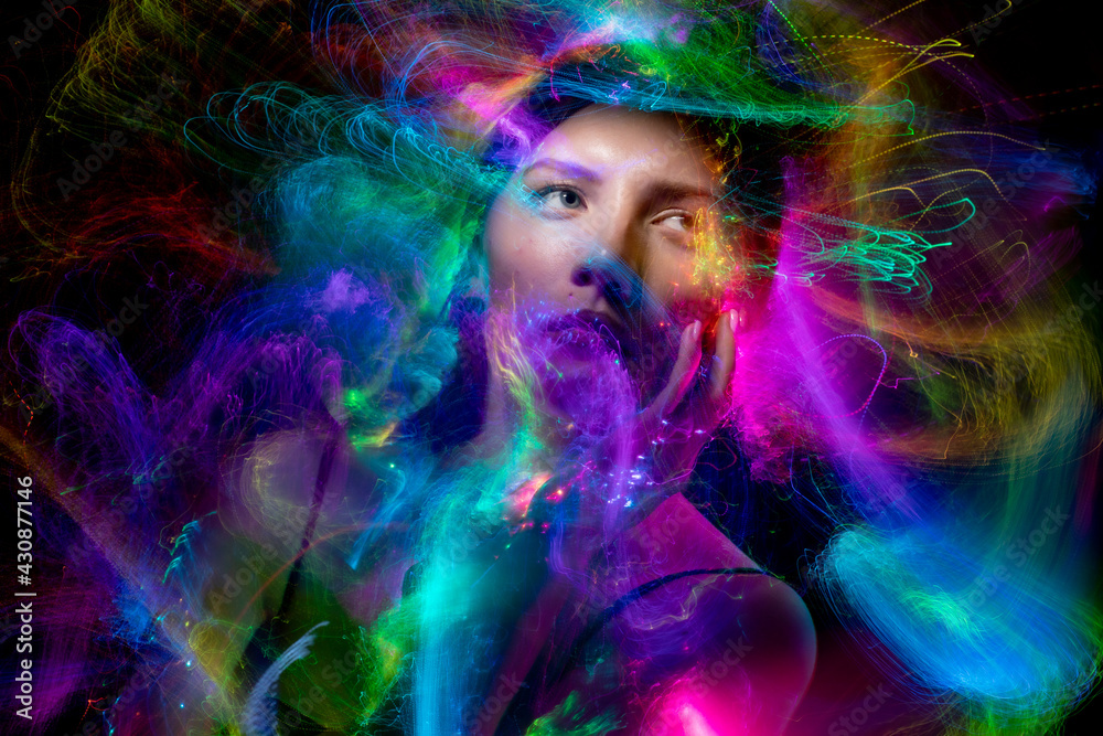 lightpainting portrait, new art direction, long exposure photo without photoshop, light drawing at long exposure	
