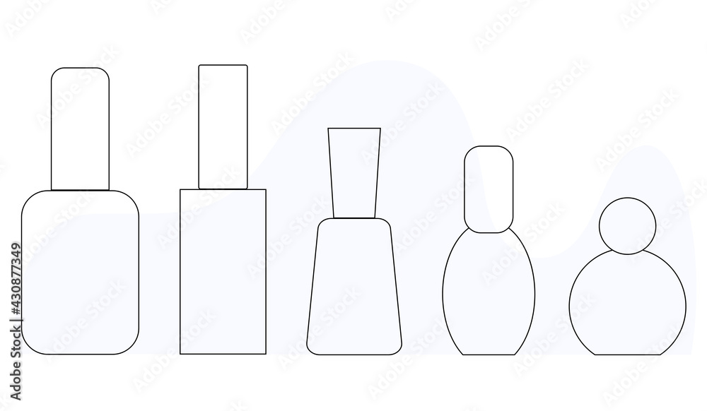 Set of nail polishes in the style of lineart, nail polish tube, isolated simple vector icon for manicure studios design Set of nail polishes in the style of lineart, nail polish tube, isolated simple vector icon for manicure studios design