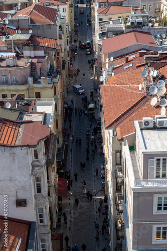 Galata tower streets and people. Bird's eye view.