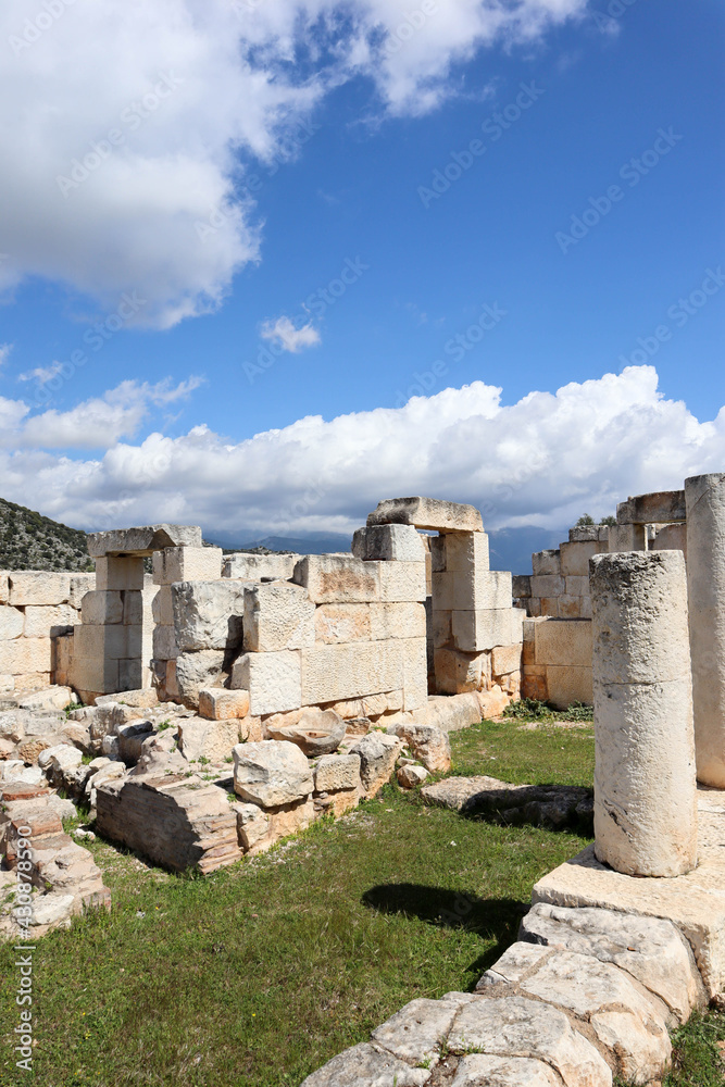 view to the ruined buildings on city agora of ancient lycian city Andriake near Demre in Turkey
