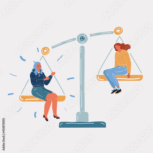 Vector illustration of two women on the scales. Balance symbol. Job, envious, jealousy, low self-esteem. Сomparing herself to others person on white background.