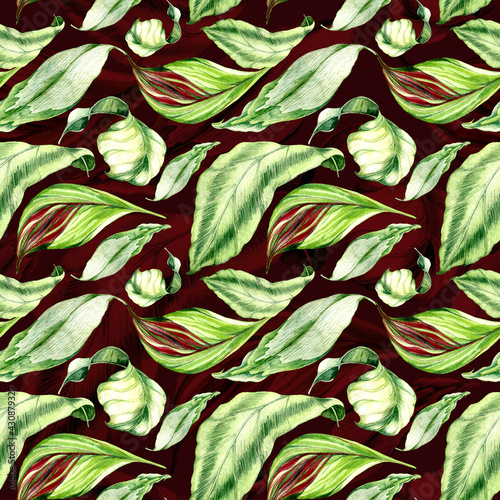 Seamless pattern with green tropical exotic palm leaves on abstract white black zigzag background. Fabric  wrapping paper print.