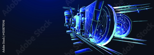 Train wheels on rails, wagon of freight train on the blue background, abstract vector 3d. Transportation, logistics or international shipping concept. Digital polygonal low poly mesh illustration