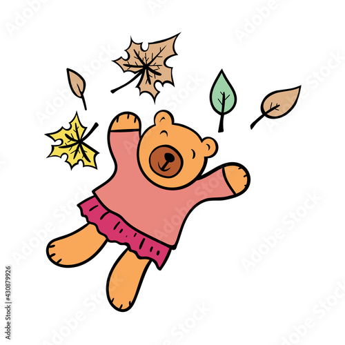 Cute bear with autumn leaves. Cartoon character. Funny animal. Hand drawn vector illustration.