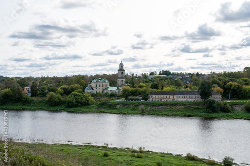 View of the Volga River, the town and the Church of St. Nicholas of Myra, Staritsa, Tver region, Russian Federation, September 20, 2020