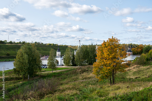 View of the Volga River and the Staritsky Holy Dormition Monastery, Staritsa, Tver region, Russian Federation, September 20, 2020 photo